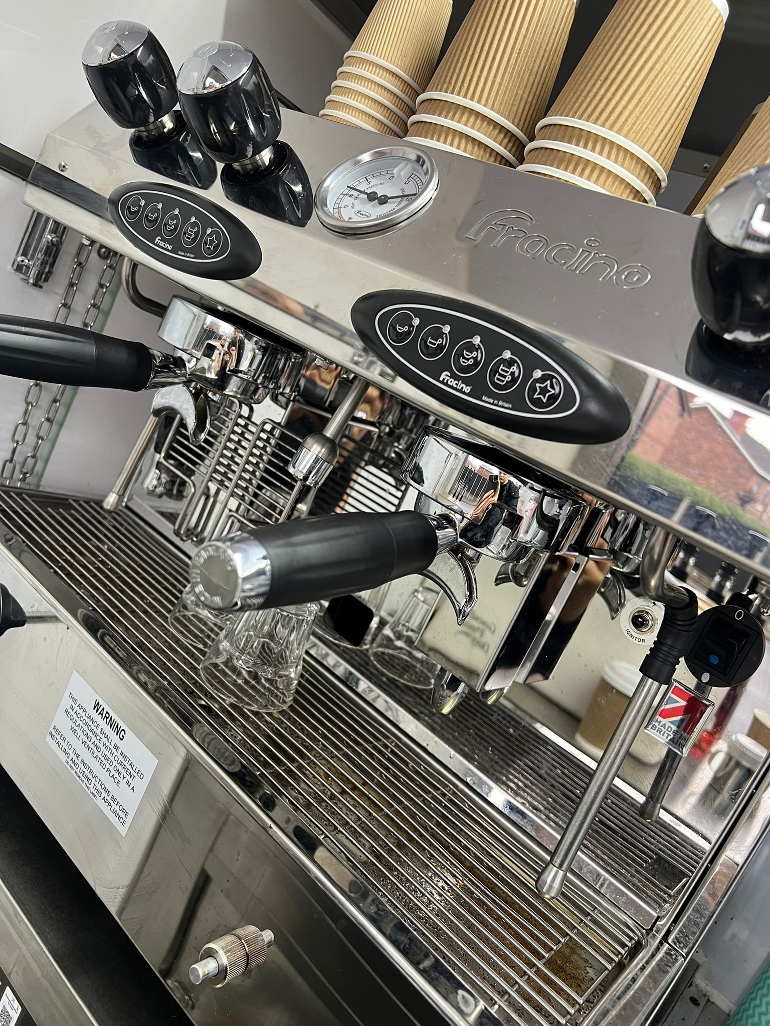 Close-up of the Fracino professional espresso machine inside the Molliccino's trailer